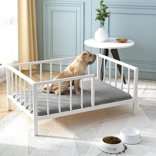 Miniatura 9 de OSCHF Cama para perros con rieles, marco de cama elevado de metal para mascotas con tablero de madera maciza y tapete suave lavable para perros Negro