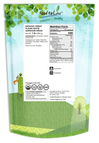 Miniatura 2 de Food to Live Grano orgánico de sorgo blanco de Great Plains, 1 libra – Granos antiguos enteros. Alto en fibra. Sin OGM. Semillas de milo. Veganas
