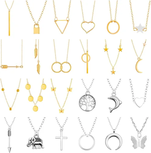 Thrilez - Juego de 24 collares escalonados para mujeres adolescentes y niñas colores dorado y plateado simple y moderno joyería para usar con