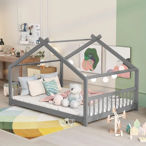 Miniatura 10 de Cama de casa de tamaño individual para niños, base de cama Montessori tamaño individual con cabecero y estribo, cama de madera para niños y niñas
