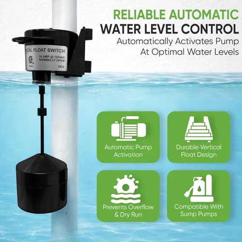 Miniatura 4 de PumpSpy Interruptor de flotador vertical para bombas de sumidero – Reemplazo de interruptor de bomba universal con cable de 10 pies, control
