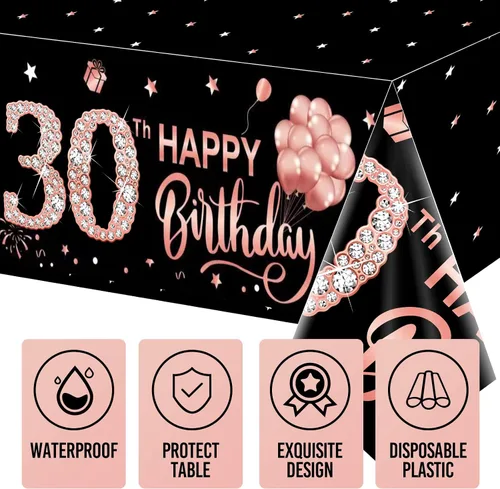 Miniatura 4 de Paquete de 3 manteles decorativos de cumpleaños dulce 16 para niñas, cubierta de mesa con temática de feliz cumpleaños dieciséis en oro rosa