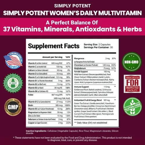 Miniatura 3 de Simply Potent Multivitamínico para mujer – 37 vitaminas y minerales con biotina, vitaminas A C D E B12, folato, zinc, magnesio, calcio y extracto