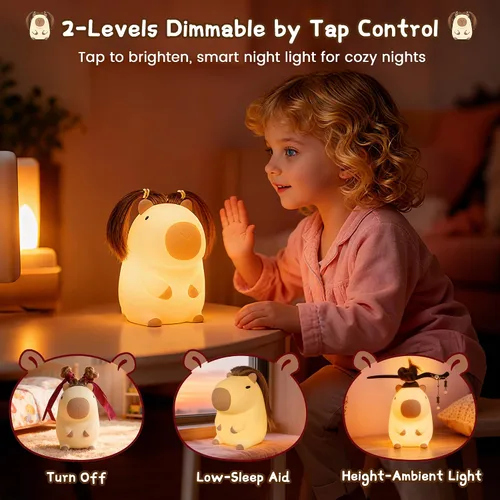 Miniatura 4 de Linda luz nocturna de capybara con peinado DIY, lámpara de silicona esponjosa, luz nocturna para habitación infantil, lámpara de mesita recargable