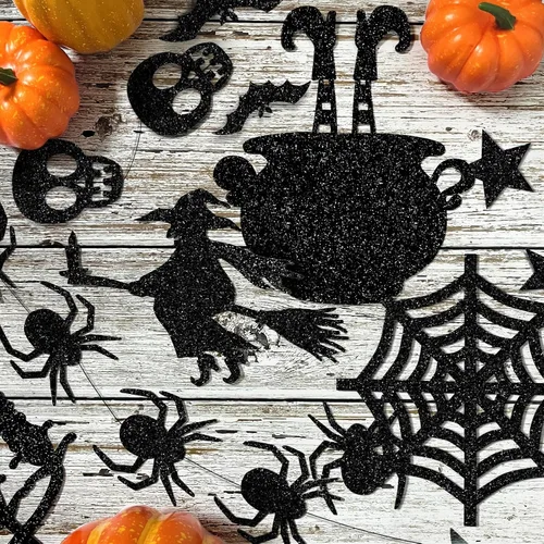 Miniatura 2 de Guirnalda colgante de Halloween negra con purpurina, fantasmas, brujas, murciélagos, arañas, casa encantada, gato y más, suministros de fiesta