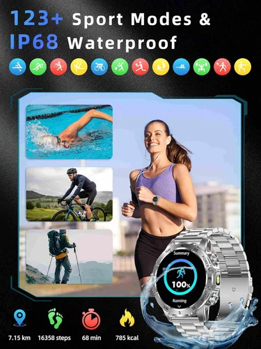 Miniatura 4 de KPEP Military Watch with 2 Bands (Answer/Make Call), 123+ Sport Modes, IP68 Waterproof Running Watch with Stress/SpO2/Heart Rate Monitor for Android