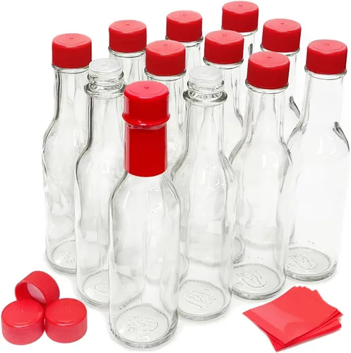 Miniatura 9 de nicebottles Botellas de salsa picante con tapas negras y bandas retráctiles, 5 onzas, paquete de 12 Gorras negras y bandas retráctiles