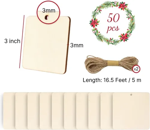 Miniatura 7 de 50 etiquetas cuadradas de madera, rebanadas de madera cuadradas sin terminar de 3 x 3 pulgadas, rebanadas de madera cuadradas en blanco con 50pcs 3