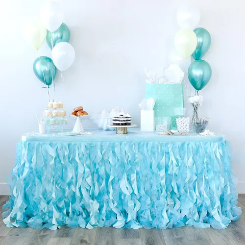 Miniatura 14 de Falda de mesa tutú azul. Falda de mesa de 6 pies con sauces de organza de doble capa para decoraciones bajo el mar, decoración de primer cumpleaños