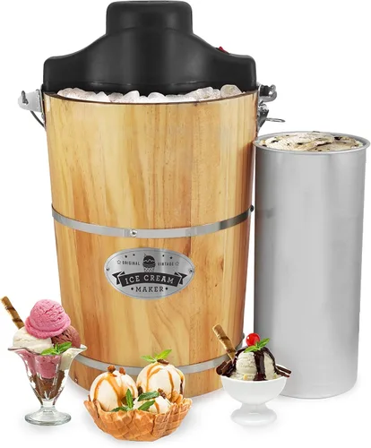Elite Gourmet EIM916X máquina para hacer helados eléctrica estilo antiguo con cubeta de madera vintage de 6 cuartos de la serie Appalachian, incluye