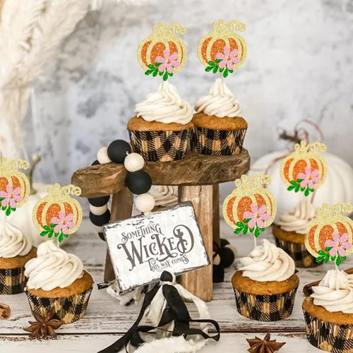 Miniatura 4 de 24 adornos de calabaza para cupcakes con purpurina para otoño, hojas, flores, calabaza, cupcakes, decoración de pasteles para Halloween, decoración