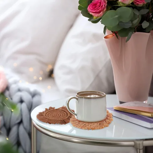 Miniatura 6 de Whaline Juego de 4 posavasos de macramé bohemios tejidos hechos a mano para bebidas, tapete bohemio con borla para tipos de tazas y tazas, café