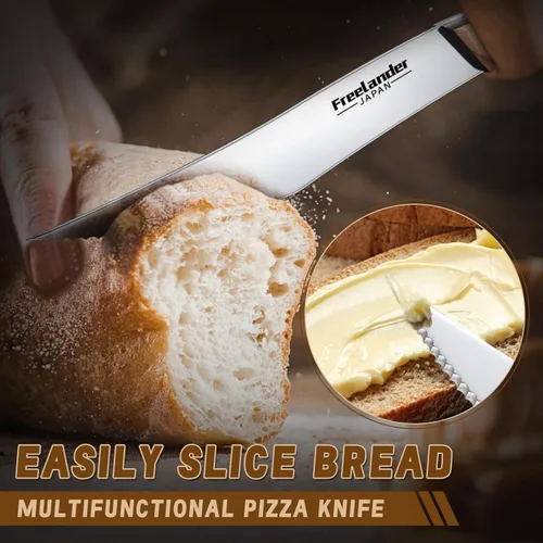 Miniatura 6 de Freelander Juego de 4 cuchillos para pizza con cuchillas afiladas de acero inoxidable, diseño forjado de espiga completa, mango ergonómico
