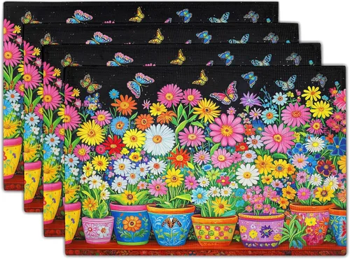 Miniatura 22 de Juego de 4 manteles individuales con estampado de flores de acuarela para decoración de mesa de comedor en el hogar, interior y exterior
