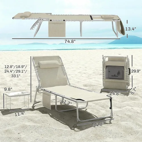 Miniatura 3 de Outsunny Silla bronceadora con agujero facial, mesa auxiliar, sillón reclinable plegable de 5 posiciones, tumbona reclinable, correas de transporte