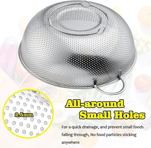Miniatura 5 de P&P CHEF Colador de acero inoxidable, colador de alimentos microperforado con asa para lavar y drenar, ideal para pasta, frutas, verduras, apto