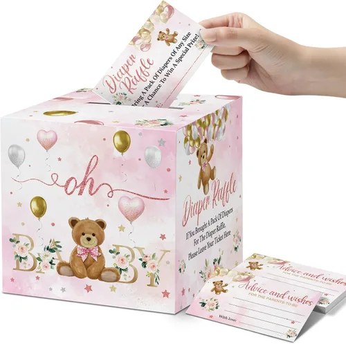 Miniatura 7 de skuhyyg 50 boletos para rifas de pañales con caja de juego para baby shower, oso azul, oso rosa, letrero de sorteo de pañales, con texto en inglés