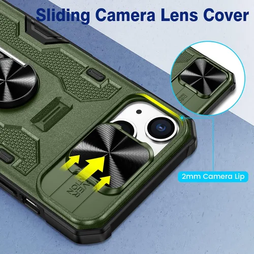 Miniatura 2 de VEGO Funda para iPhone 13 y iPhone 14 con soporte de clip para cinturón, cubierta deslizante para cámara y soporte magnético giratorio de 360°