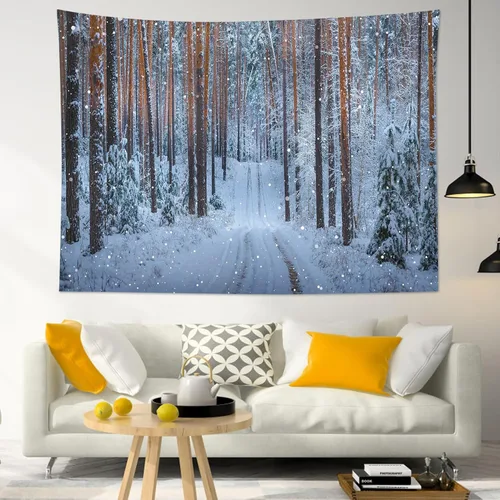 Miniatura 13 de LB Tapiz de Bosque de Nieve de Invierno, Pino Negro y Verde con Copo de Nieve Blanco Tapiz de Pared para Dormitorio, Arte de Pared de Paisaje