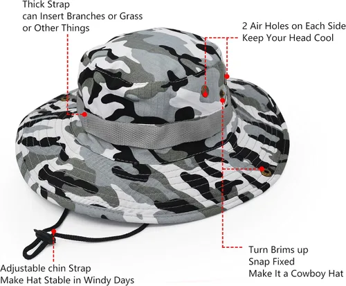 Miniatura 3 de Sombrero de protección solar de ala ancha para exteriores clásico estilo militar de combate de EE UU gorra de sol para pesca caza campamento