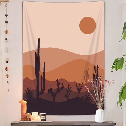 Miniatura 2 de Tapiz moderno de mediados de siglo, bohemio, de cactus, de montaña, abstracto, vertical, arte de paisaje del desierto, minimalista, amanecer
