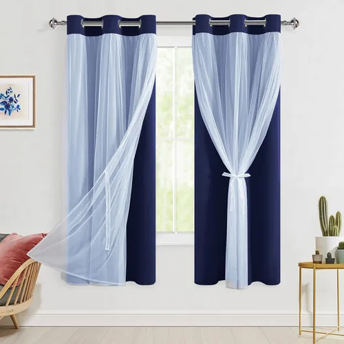 Miniatura 50 de Hiasan Cortinas opacas con superposición transparente, aislamiento térmico para mezclar y combinar de doble capa, cortinas de oscurecimiento de Beige