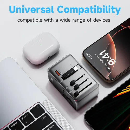 Miniatura 8 de Minthouz Adaptador de viaje universal, adaptador de corriente internacional de 100 W, cargador rápido GaN con 2 USB-C PD, 1 cable USB-C y puertos A