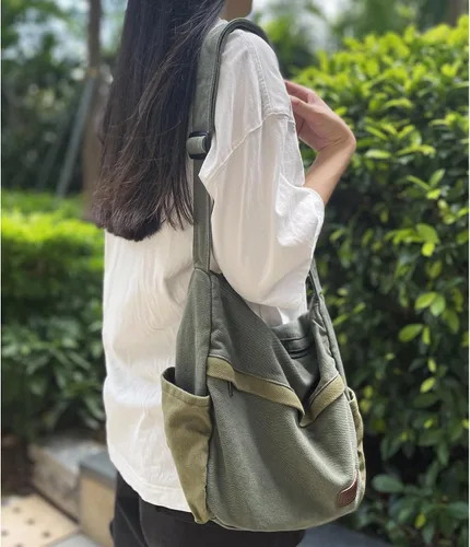 Miniatura 2 de Bolso bandolera grande de lona con múltiples bolsillos para hombres y mujeres, bolso cruzado de hombro para laptop 2 - Verde
