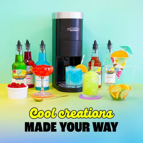 Miniatura 7 de Kit de máquina de hielo raspado y cono de nieve Hawaiian Shaved Ice HomePro, 6 sabores de jarabe de 16 oz. Cereza, uva, frambuesa azul, sangre