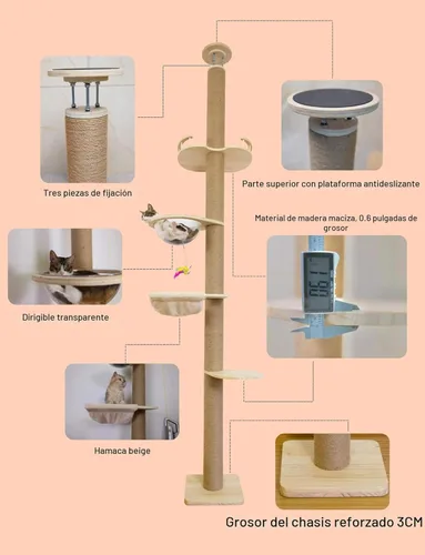 Miniatura 6 de Árbol para gatos del piso al techo con poste rascador de cuerda de sisal natural, altura ajustable (55-119 pulgadas), árbol de actividades