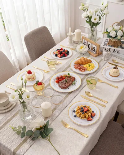 Miniatura 7 de bUCLA Juego de vajilla de plástico dorado desechable de 150 piezas, platos dorados resistentes que incluyen 25 platos de cena y 25 platos de postre