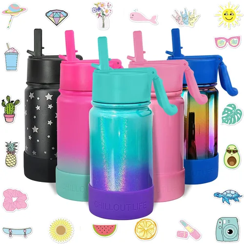 Miniatura 14 de CHILLOUT LIFE - Botella de agua aislada de 17 onzas con tapa con pajilla para niños, a prueba de fugas y bonitas calcomanías impermeables, termo