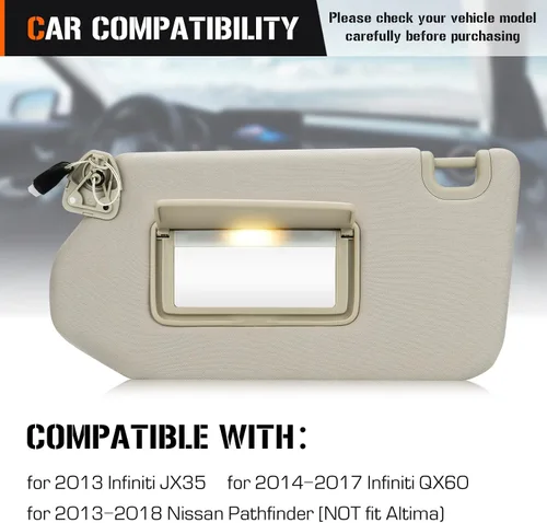 Miniatura 2 de Visera solar con luz para Nissan Pathfinder 2013-2018, Infiniti QX60 2014-2017, JX35 2013, reemplazo de visera solar beige del lado izquierdo