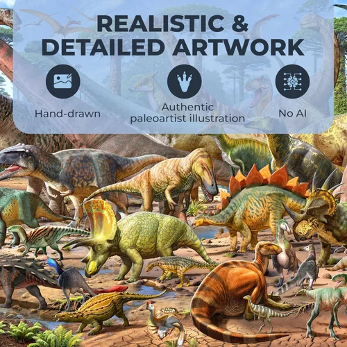 Miniatura 4 de Escena de dinosaurio - Rompecabezas para adultos de 1000 piezas - Ilustración dibujada a mano - Póster 1:1 con nombres y marcas de dinosaurios