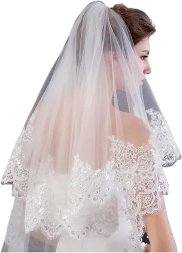 Accesorio de boda para novia velo catedral de marfil 2 niveles borde de encaje de lentejuelas de tul suave con peine color blanco longitud del