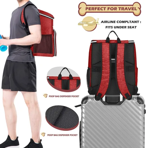 Miniatura 5 de BAGLHER Mochila de viaje para perros, mochila de suministros para mascotas aprobada por aerolíneas, mochila de viaje para perros con 2 cuencos Rojo