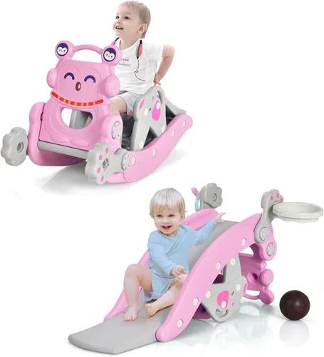 Miniatura 12 de Costzon - Juego de tobogán para niños pequeños de 5 en 1, juguete con columpio, tobogán para niños con taburete desmontable, aro de baloncesto