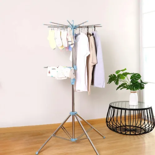 Miniatura 9 de Hershii Estante de secado de ropa plegable de 2 niveles para interiores y exteriores, soporte plegable para colgar ropa, ahorro de espacio