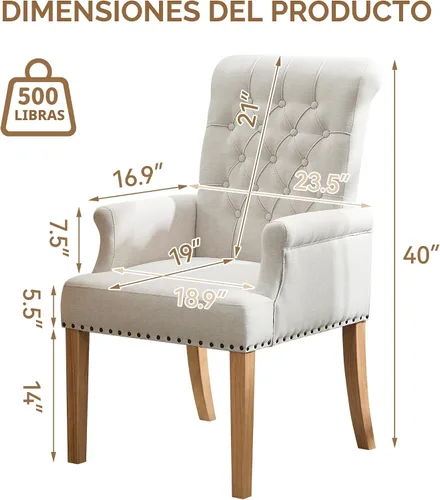 Miniatura 2 de WUTUTUEE Silla de comedor de tela con brazos, sillas de comedor tapizadas acolchadas de respaldo alto, sillón decorativo con patas de madera maciza