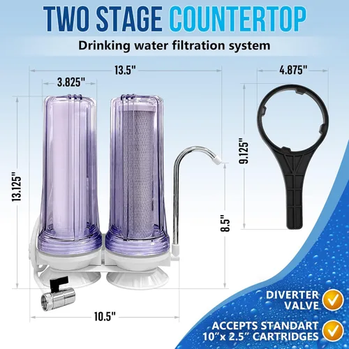 Miniatura 2 de El sistema de filtración de agua potable para encimera de 2 etapas elimina el cloro, la carcasa transparente y el suministro anual (2 extra) CTO