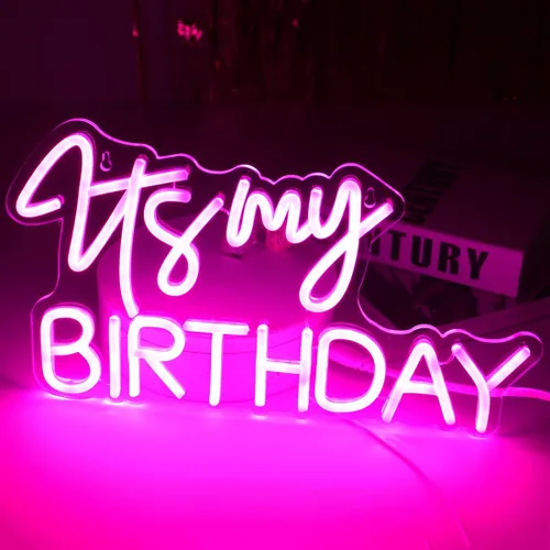 Miniatura 5 de Planzo Letrero de luz LED de neón con texto en inglés "It's My Birthday", letrero de pared para decoración de ventana, letrero USB para dormitorio