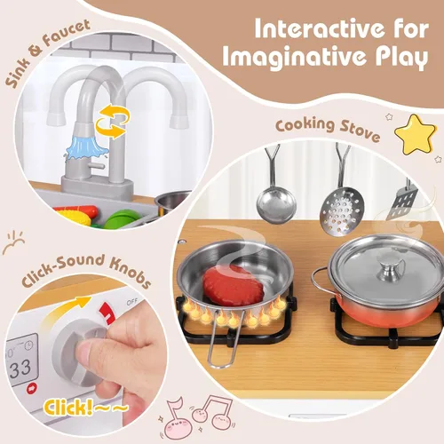 Miniatura 3 de Costzon Juego de cocina para niños, juego de cocina de juguete de madera con pizarra, grifo, fregadero, horno, microondas, lavavajillas, accesorios