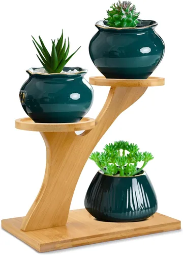 XXXFLOWER Soporte de bambú para plantas, estante interior de 3 niveles para suculentas en el alféizar de la ventana, pequeño soporte de mesa para