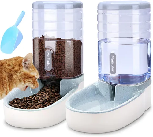 Meikuler Alimentador Automático para Perros y Gatos y Conjunto Dispensador de Agua, Bebedero y Alimentador de Comida por Gravedad para Perros