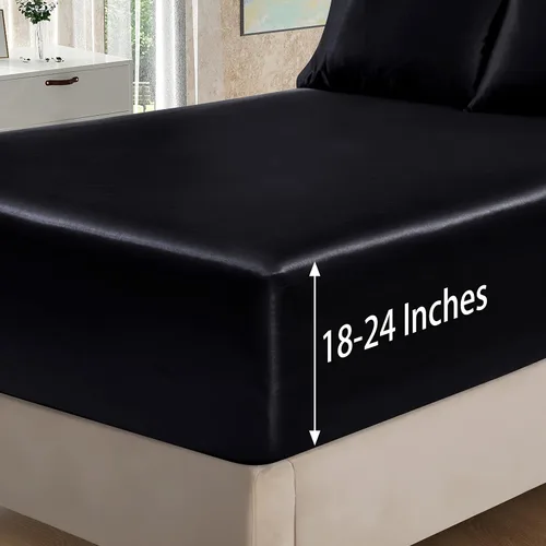 Miniatura 113 de Homiest Juego de sábanas de satén de lujo de 3 piezas con bolsillo profundo, 1 sábana bajera + 1 sábana encimera + 1 funda de almohada