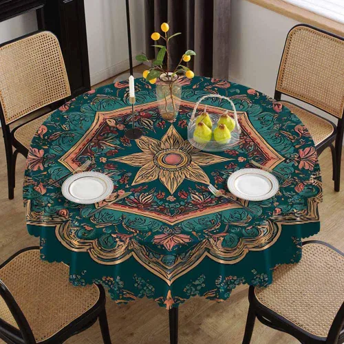Miniatura 2 de IBILIU Mantel redondo de mandala floral retro, bohemio, estilo indio, patrón étnico de damasco, resistente al agua, de poliéster, mantel decorativo