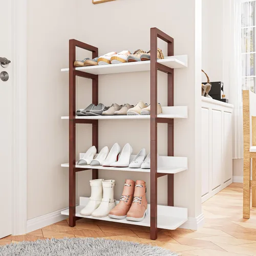 Miniatura 7 de Estantería de madera maciza de 4 niveles, moderna estantería industrial con protección de borde trasero, estantes de almacenamiento independientes