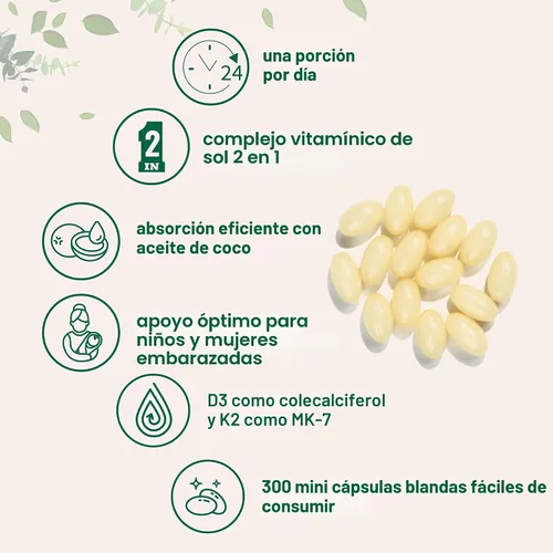Miniatura 2 de Micro Ingredients Vitamina D3 1,000 UI + K2 MK-7 25 mcg, 300 cápsulas blandas Aceite de coco virgen Apoyo óseo, inmune y para el corazón 2 en 1