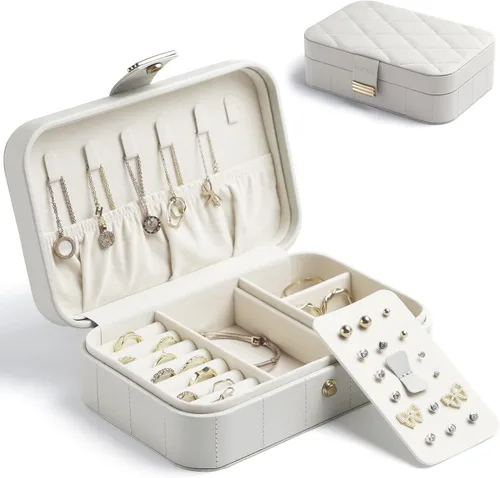 KAMIER Joyero de piel sintética Joyero acolchado de diamante de viaje para anillos, aretes, collares, organizador de joyas portátil de lujo para