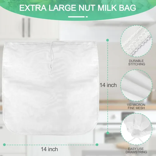 Miniatura 3 de Paquete de 3 bolsas de leche de nuez de 14 x 14 pulgadas, extra grandes, reutilizables, coladores de alimentos, bolsas de nueces para colar leche